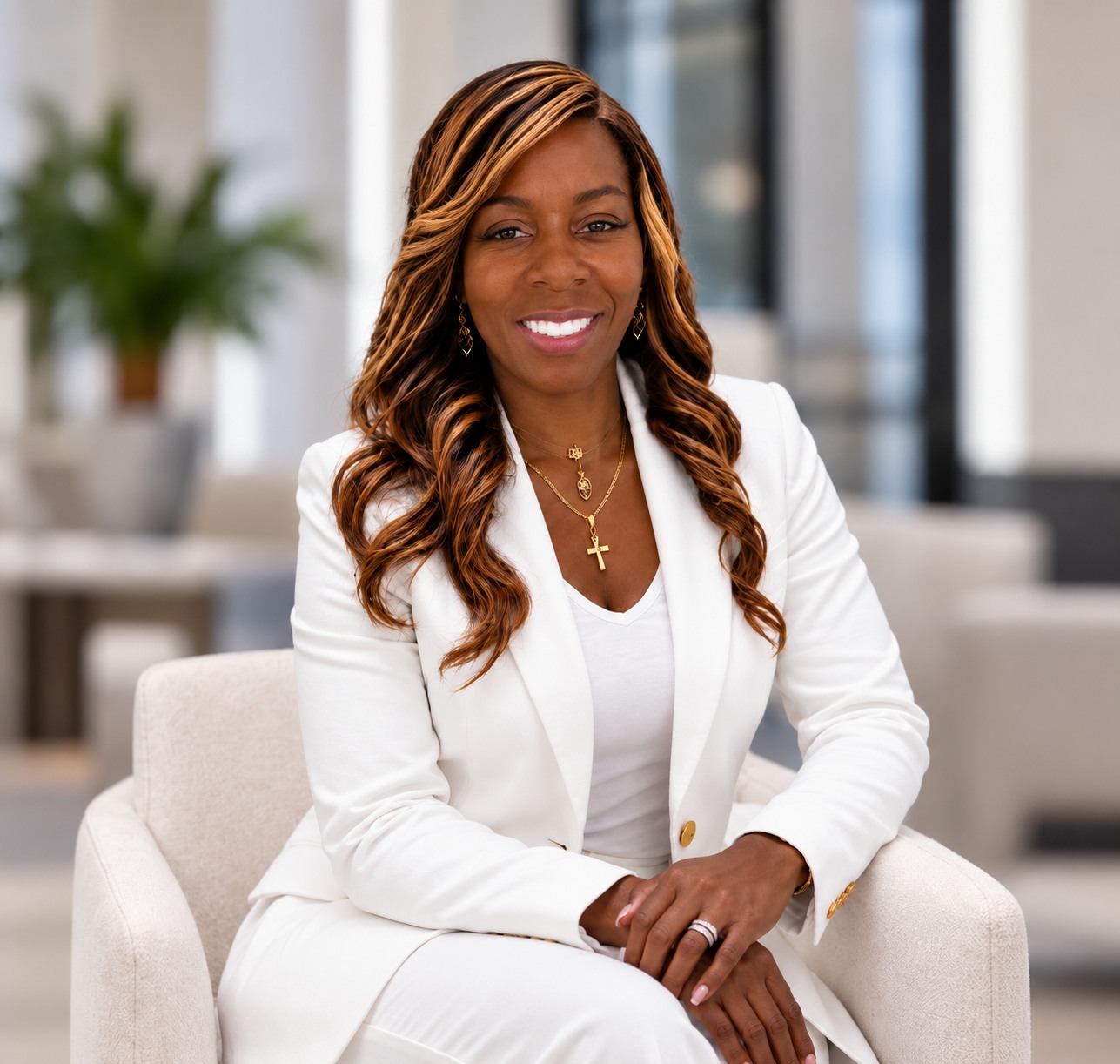 Ashley McDonald smiling in a white suit